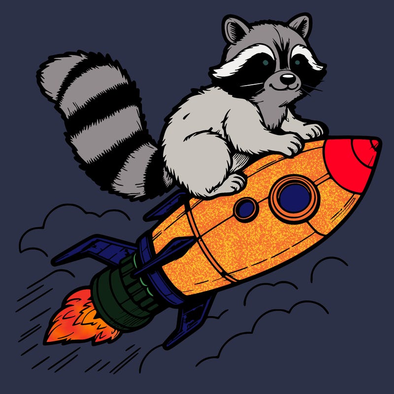realistic raccoon flying on top rocket ship