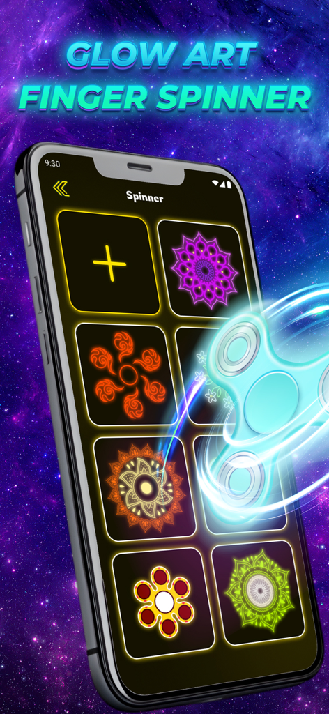 Bildschirm einer mobilen App, der eine Galerie von leuchtenden Neon-Mandala-Designs und einen blauen 3D-Finger-Spinner zeigt