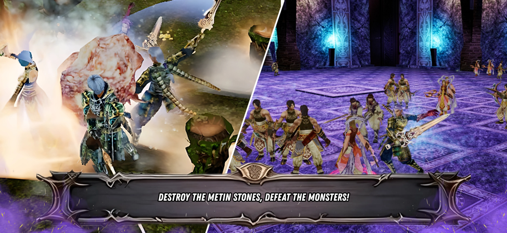 Mobile2 Online - Gameplay scene of Mobile2 Online showing characters attacking a Metin stone and warriors in a dungeon.