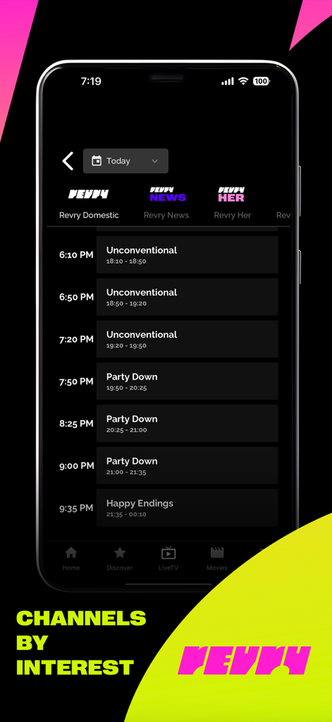 Revry - Revry app mobile interface showing a live TV schedule for LGBTQ+ and multicultural channels