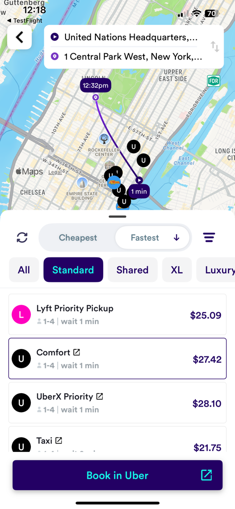 Obi - Get the cheapest ride. - Obi app interface comparing ride prices for Uber Lyft and Taxi on a New York City map