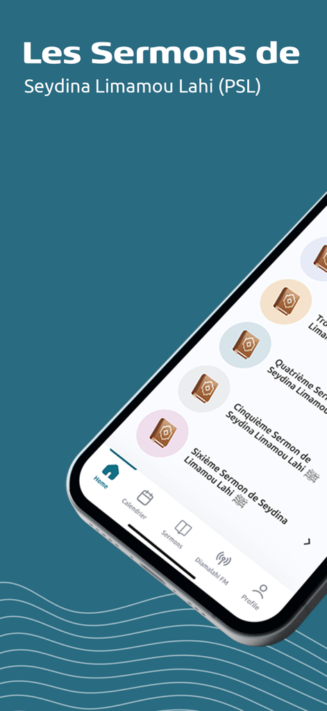 Layéne - Mobile app interface showing a list of sermons from Seydina Limamou Lahi with a bottom navigation menu.