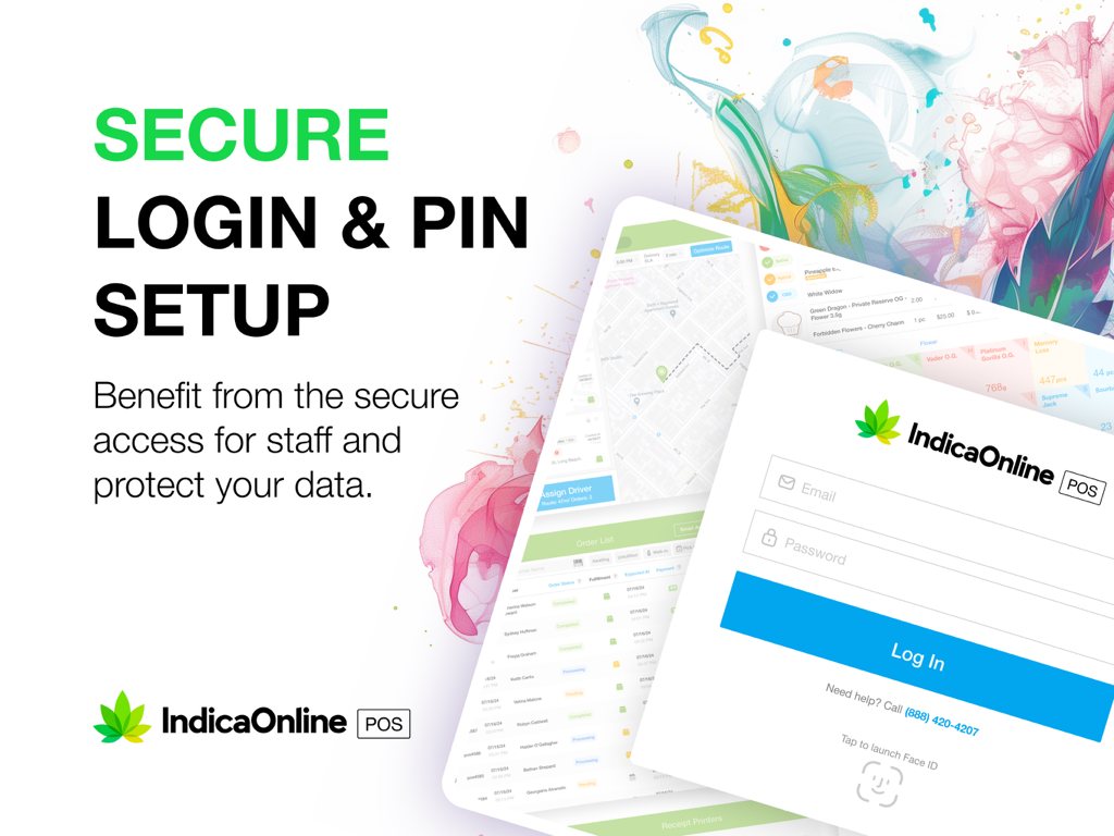 IndicaOnline POS secure login and PIN setup screen for cannabis dispensary staff