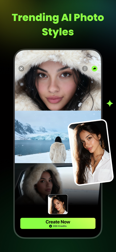 AI Catch: AI Video Generator - Mobile app interface displaying trending AI photo styles with winter and snow themes for a female portrait.