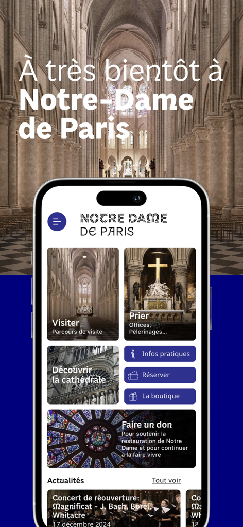 Cathédrale Notre-Dame de Paris - Home screen of the official Notre-Dame de Paris mobile app with sections for visiting, praying, and reservations