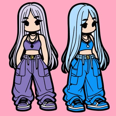 girl in baggy pants crop top and long hair