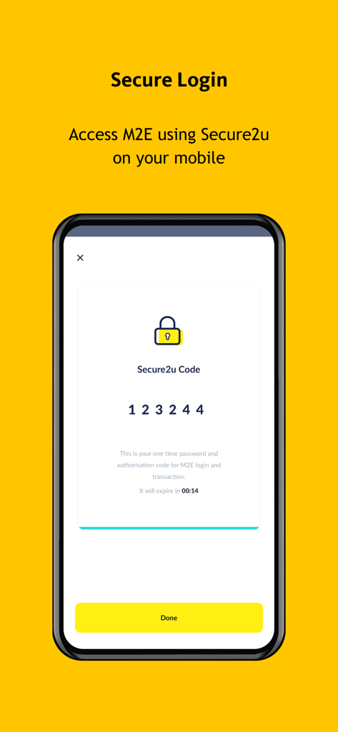 M2E Global - M2E Global app secure login screen featuring a Secure2u authentication code on a mobile device