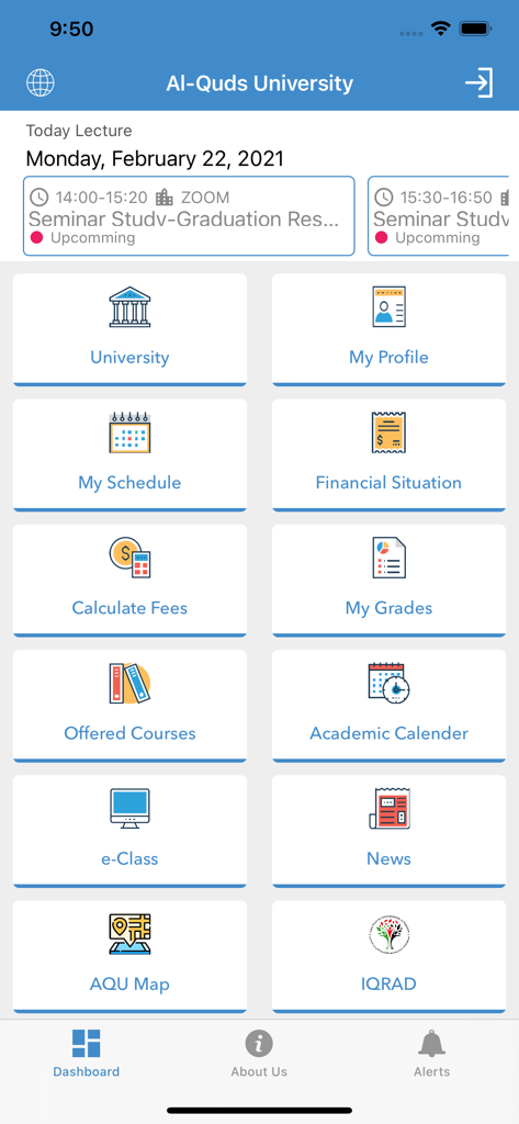 Al-Quds University - Main dashboard of the Al-Quds University mobile app showing student services like schedule, grades, and campus map