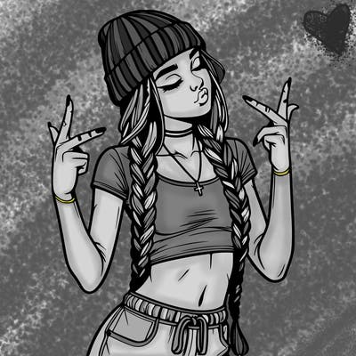 realistic teenage girl with braids and a beanie and crop top doing 🫶🏼