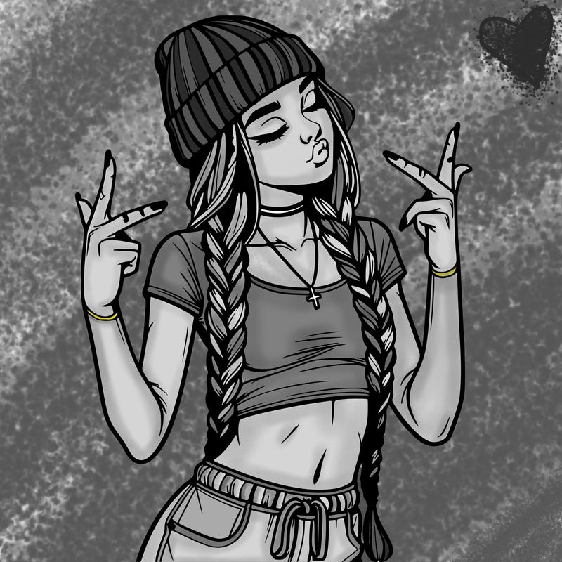 realistic teenage girl with braids and a beanie and crop top doing 🫶🏼