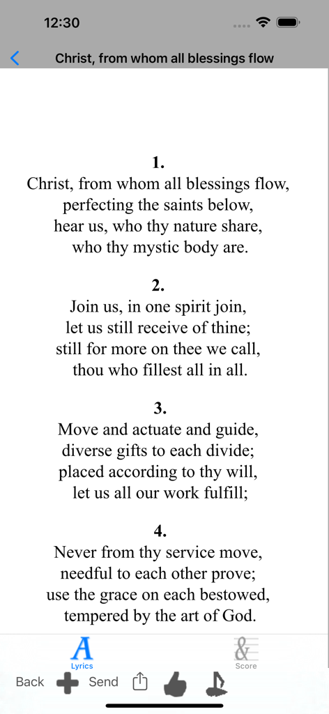 Worship Scores Lyrics & Tunes - A display of Christian hymn lyrics within the Worship Scores and Tunes mobile app.