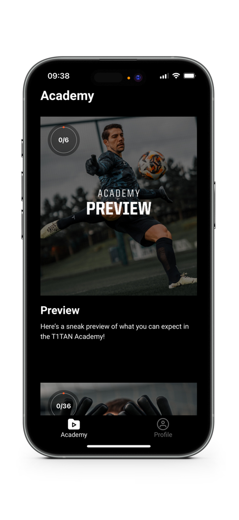 T1TAN Academy - T1TAN Academy app interface displaying a goalkeeper training preview course