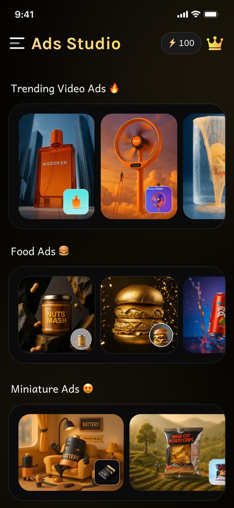 AI CGI Ads Studio: Video Ads - Interface of AI CGI Ads Studio showing 3D video templates for trending products, food, and miniature ads.