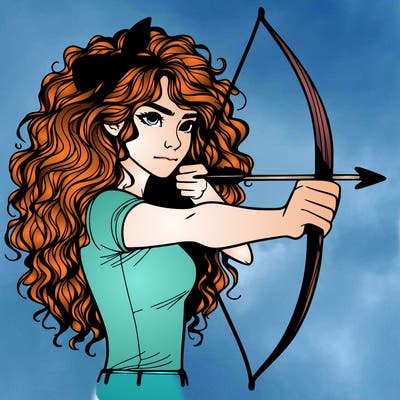 a woman with curly and messy hair using a bow to shoot arrow realistic