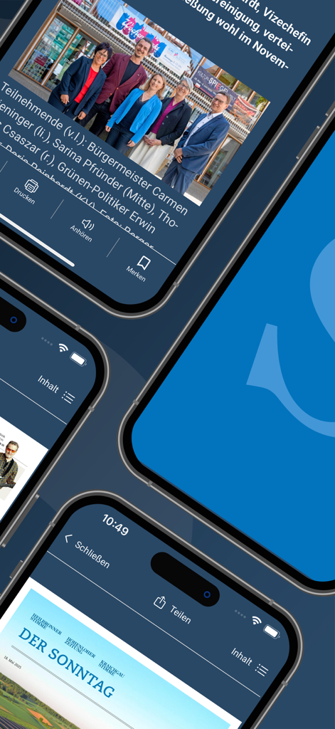 Screenshots of the Stimme news app showing regional articles and the Sunday e-paper edition