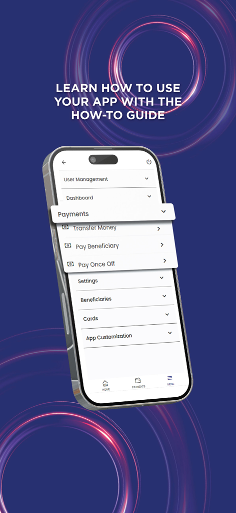 MyNamPost Banking - MyNamPost Banking app screen showing the payments menu with options for transferring money and paying beneficiaries