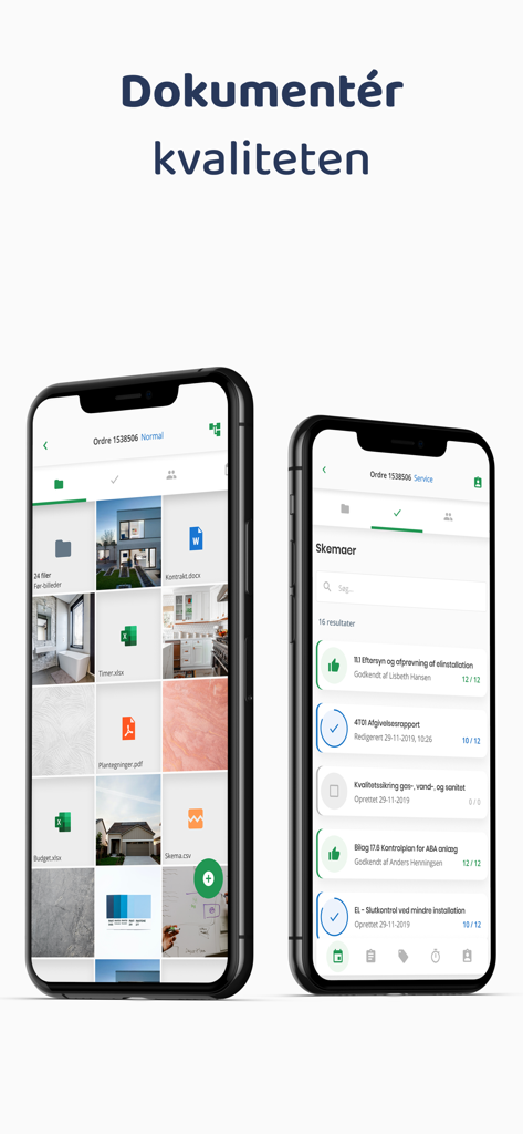 OS Worker - Two iPhones displaying the OS Worker app interface for project documentation and quality control forms.