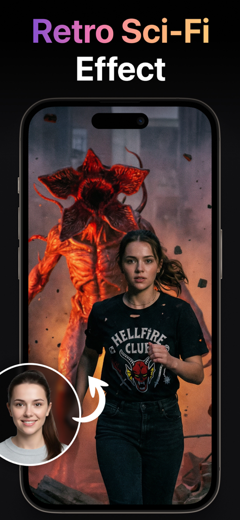 AI Video Generator + Creator - AI video generator app interface showing a retro sci-fi effect inspired by Stranger Things with a Demogorgon and Hellfire Club shirt
