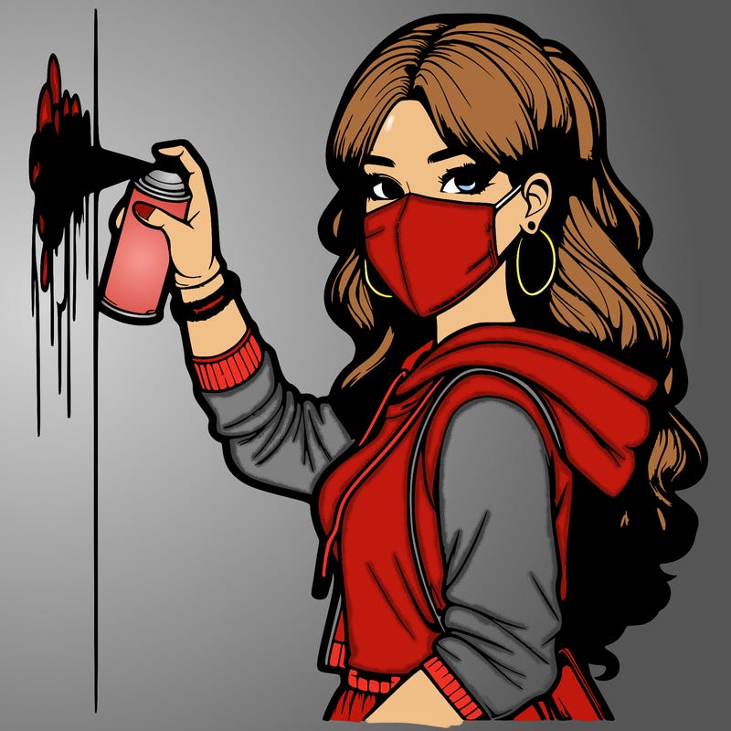 realistic girl with mask spray painting a wall