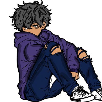 a male hoddie ripped jeans messy hair anime