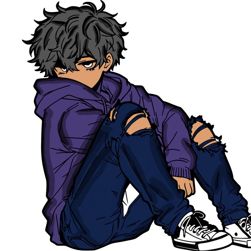 a male hoddie ripped jeans messy hair anime