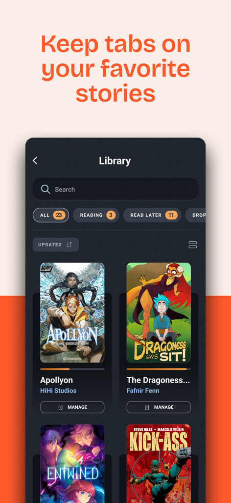 GlobalComix: The Comics App - The GlobalComix app library interface displaying comic book covers and reading status filters to organize stories.