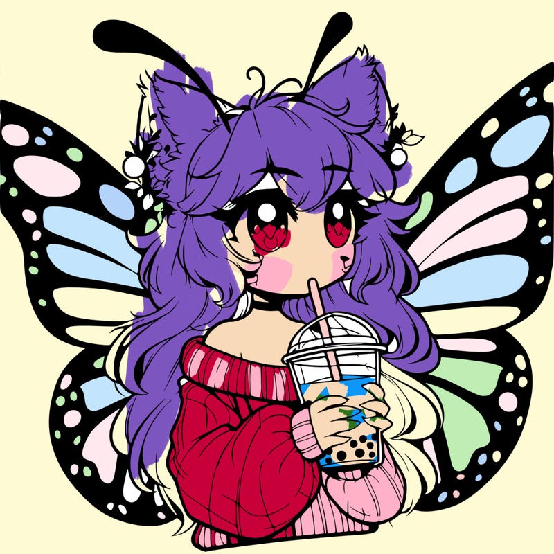 a realistic butterfly/furry girl drinking boba