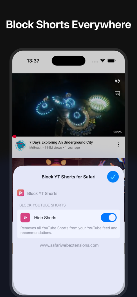 Interface of the Block YT Shorts for Safari extension on a smartphone showing the Hide Shorts toggle enabled.