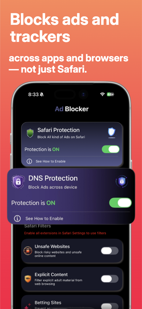 モバイルアプリのインターフェースに、DNSとSafariの広告保護設定が表示されている