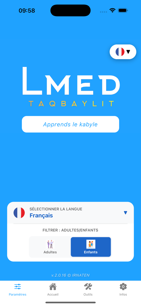 Lmed Taqbaylit - Lmed Taqbaylit app interface showing language selection and child mode options
