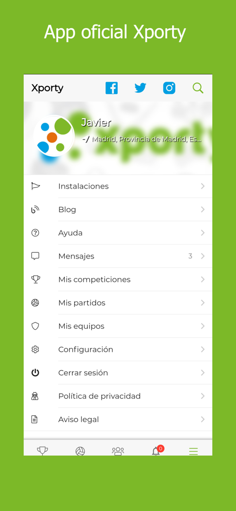 Profilo utente e schermata del menu principale dell'app di gestione sportiva Xporty