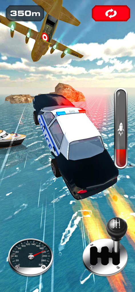 Jump into the Plane - Un coche de policía saltando hacia un avión de carga con propulsores de cohete sobre el océano