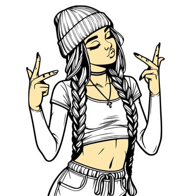 realistic teenage girl with braids and a beanie and crop top doing 🫶🏼