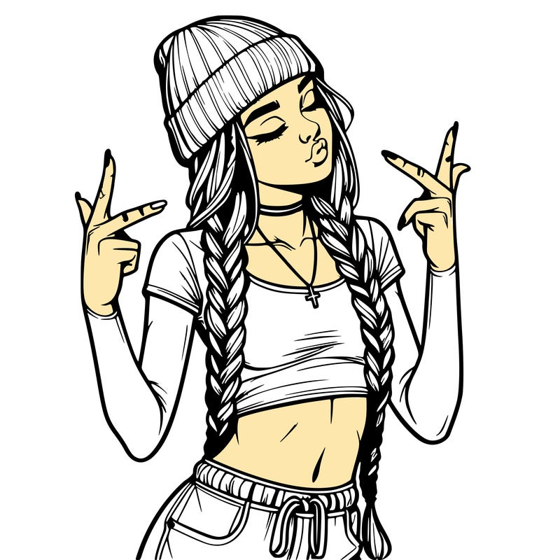realistic teenage girl with braids and a beanie and crop top doing 🫶🏼