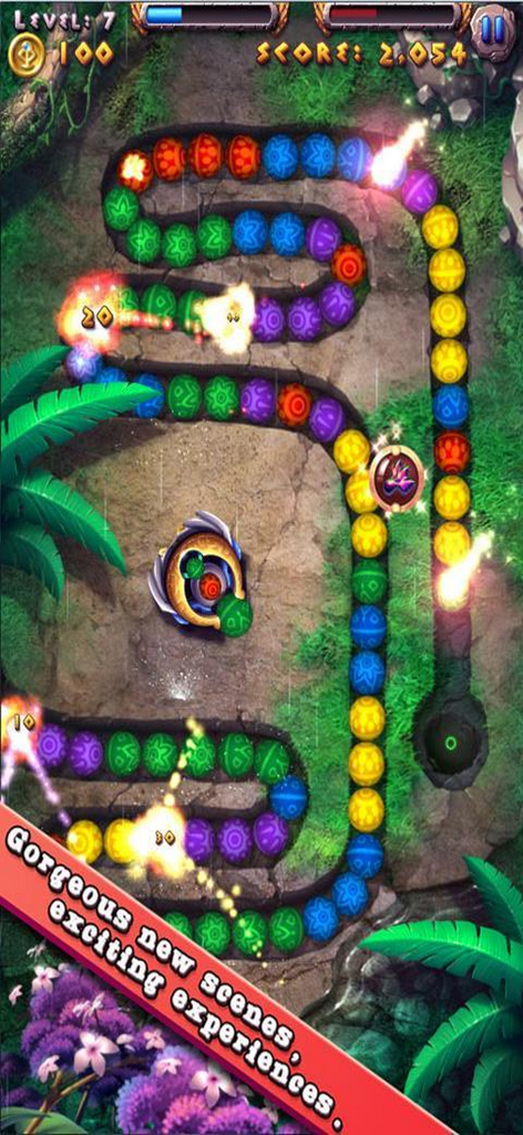 Marble Shoot - Egyptian - Marb - Gameplay screen of Marble Shoot Egyptian featuring colorful spheres on a winding path with a jungle background