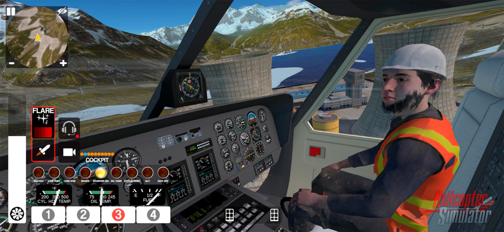 Helicopter Simulator 2026 - A detailed 3D helicopter cockpit view showing instruments and a pilot overlooking a mountain and power plant landscape.