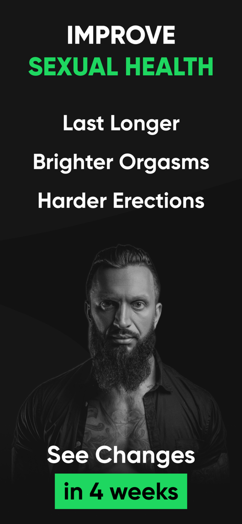 Kegel Gym: Men's Health Coach - Promotional screen for Kegel Gym app highlighting benefits for mens sexual health and performance