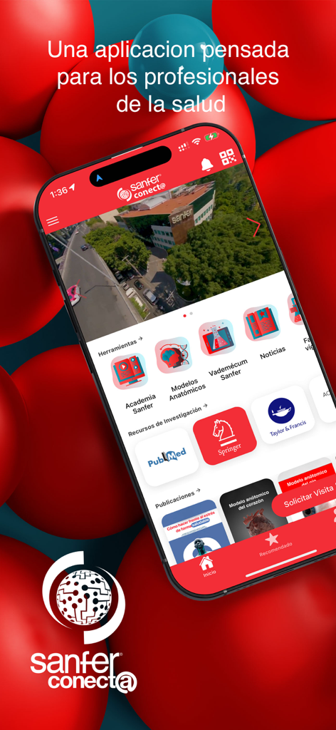 Pantalla de inicio de la aplicación móvil Sanfer Conecta que muestra herramientas médicas, modelos anatómicos 3D y enlaces a recursos de investigación como PubMed y Springer.