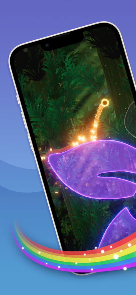 Dream Hopper - A smartphone displaying the Dream Hopper game with glowing purple shapes and a mystical forest background.