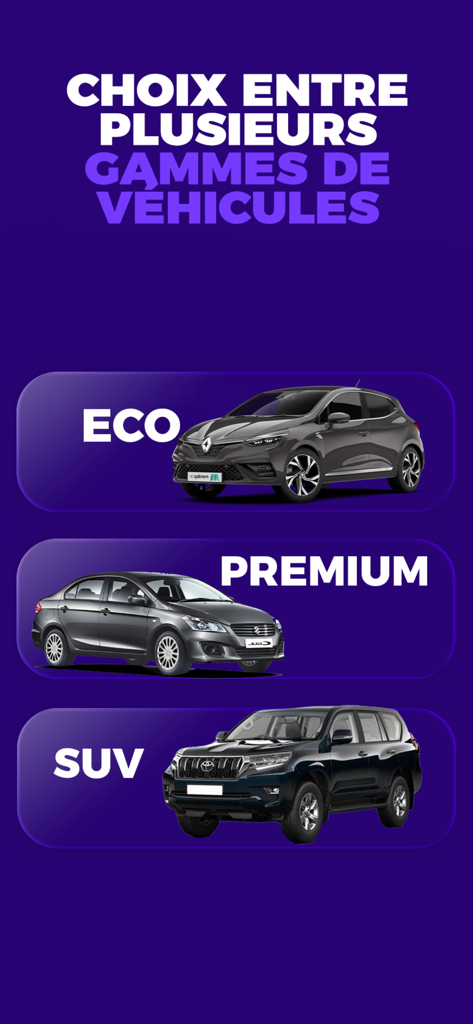 Intrav - Schermata dell'app Intrav che mostra le categorie di veicoli Eco Premium e SUV