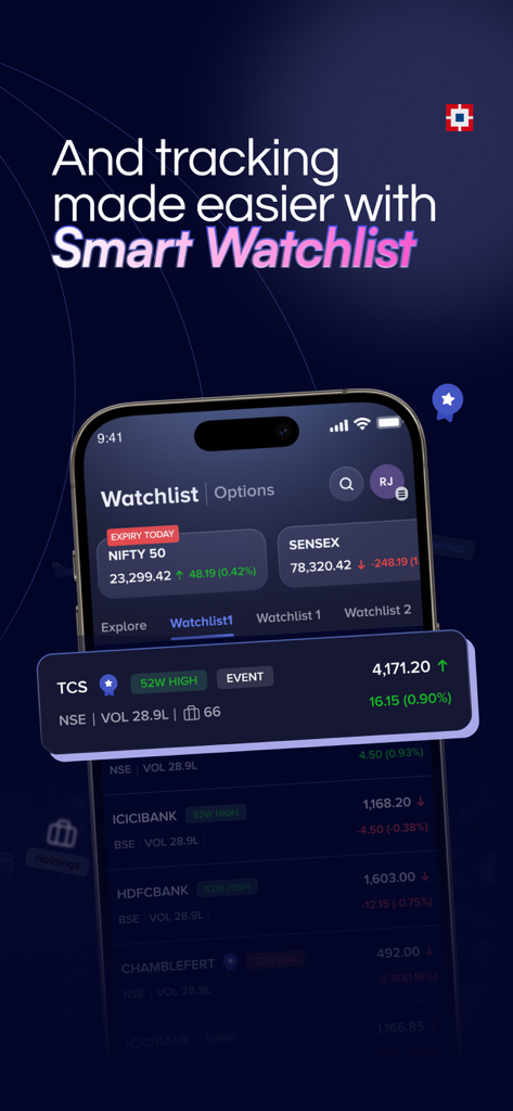 HDFC Securities InvestRight - Interface of HDFC Securities InvestRight app showing a smart watchlist with real time stock market data