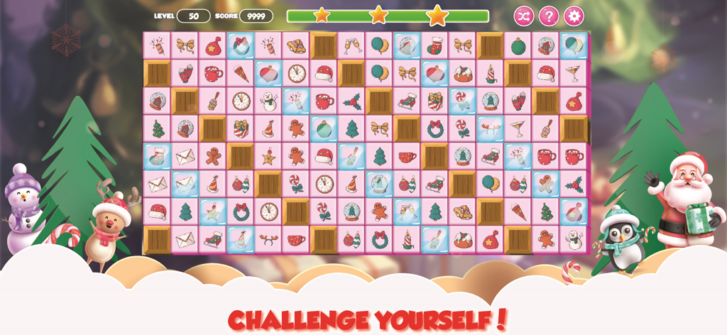 Christmas Connect: Xmas Games - Un nivel de juego de Christmas Connect mostrando una cuadrícula de iconos festivos para combinar con personajes de Papá Noel y muñeco de nieve