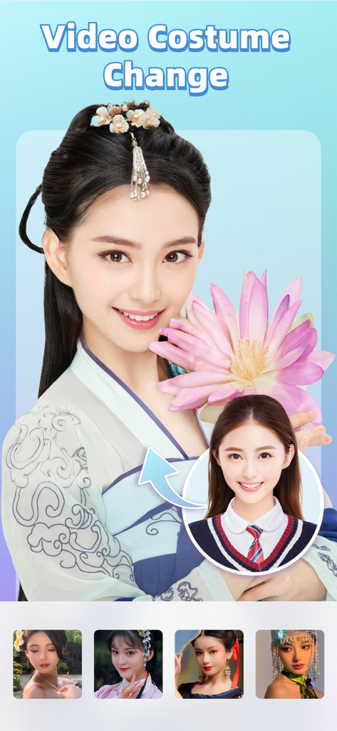 Piscmate - Photo Editor - Piscmate app screen showing an AI video costume change feature transforming a portrait into traditional Chinese clothing