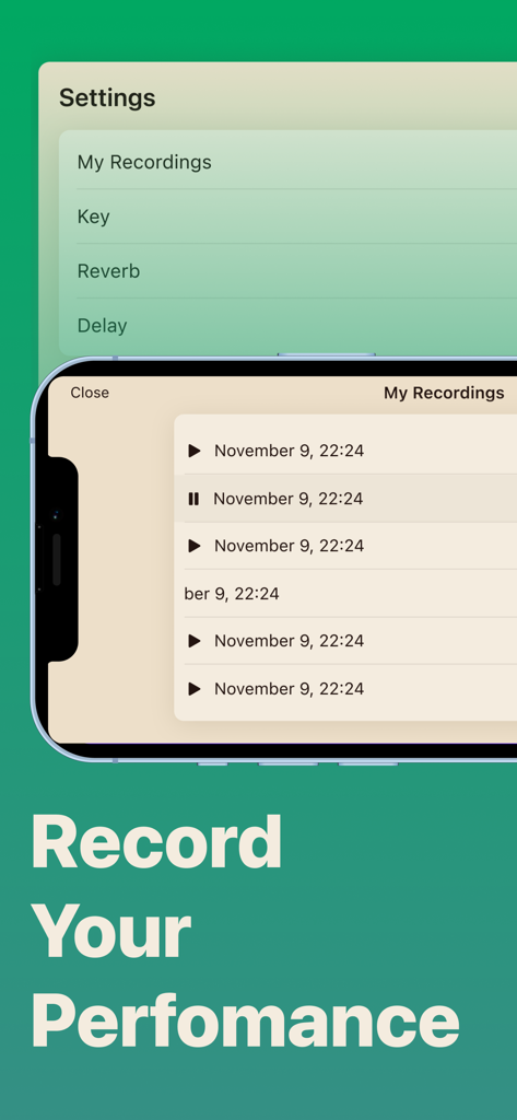 古筝 - Guzheng Go: Pro Simulator - Recording and settings interface of the Guzheng Go Pro Simulator app showing a list of saved musical performances.