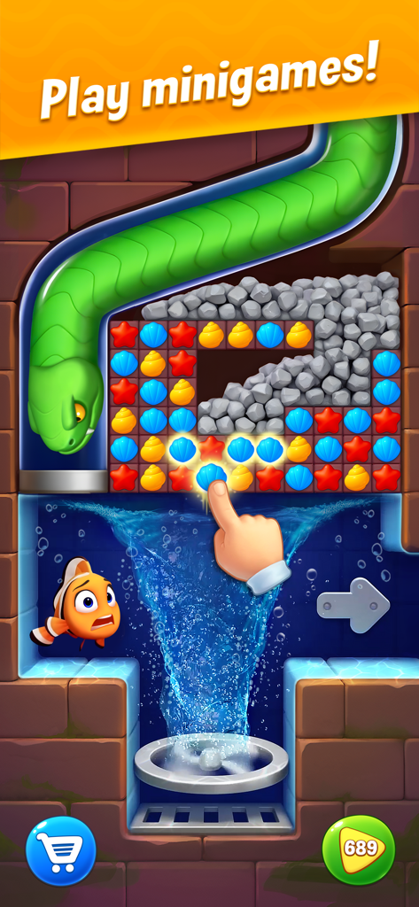 Fishdom - Un minijuego match-3 en Fishdom con un pez payaso y un puzle por resolver.