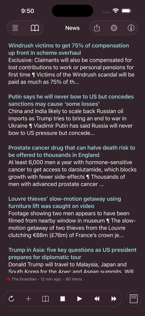 A screenshot of the Speak News RSS reader showing a list of news headlines in a dark mode interface with playback controls.