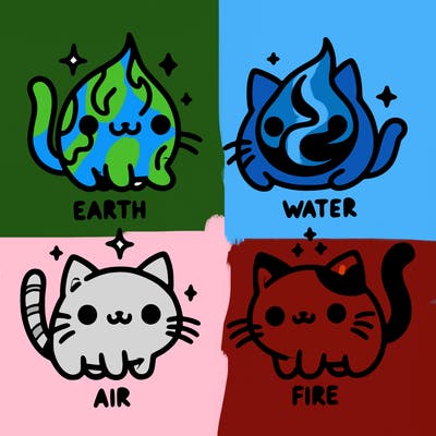 4 cats that represent the different elements, earth, water, air, and fire