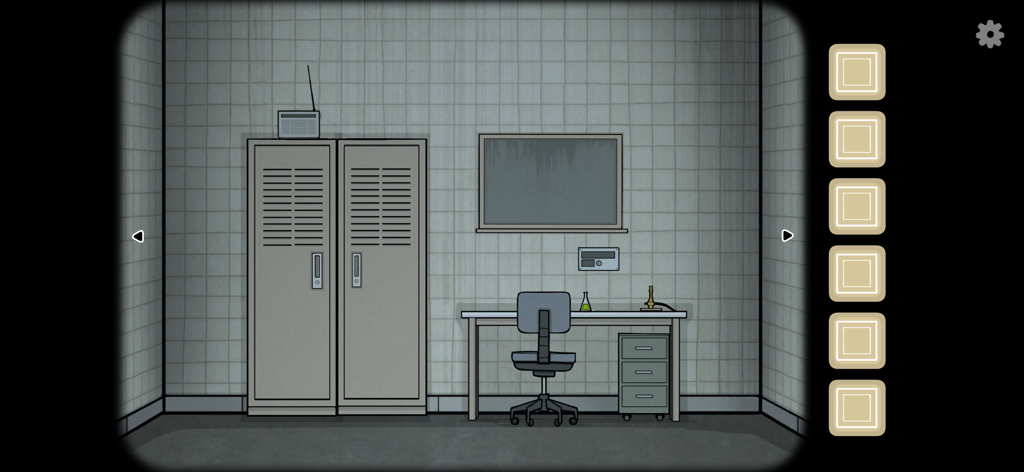 Una sala de rompecabezas de apuntar y hacer clic en 2D con un escritorio, una silla y un casillero metálico doble