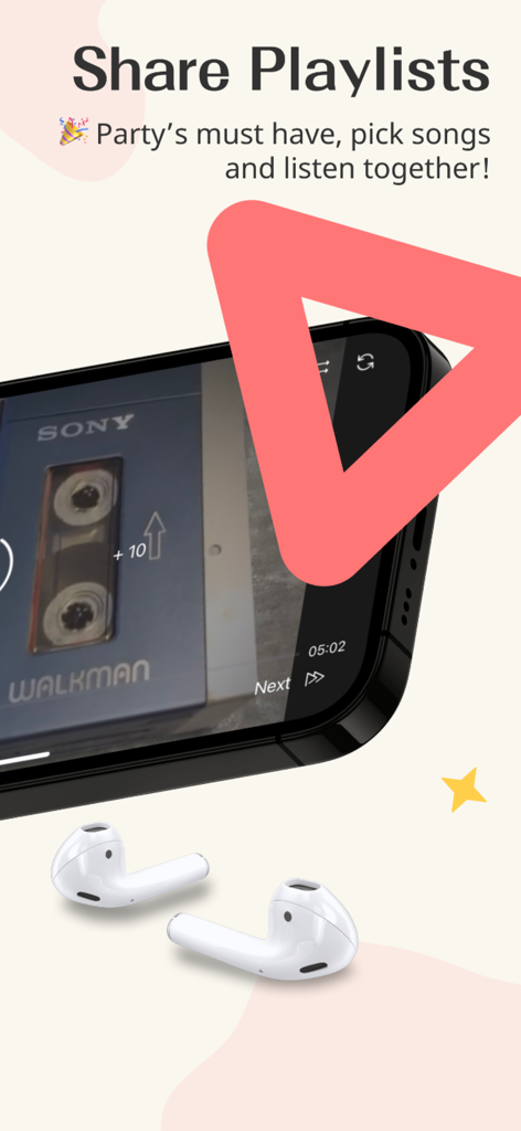 PartyTu app screen displaying the share playlists feature for social listening with wireless earbuds