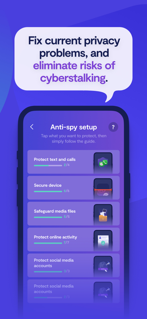 Anti-spy setup checklist in the Clario app for privacy and cyberstalking protection